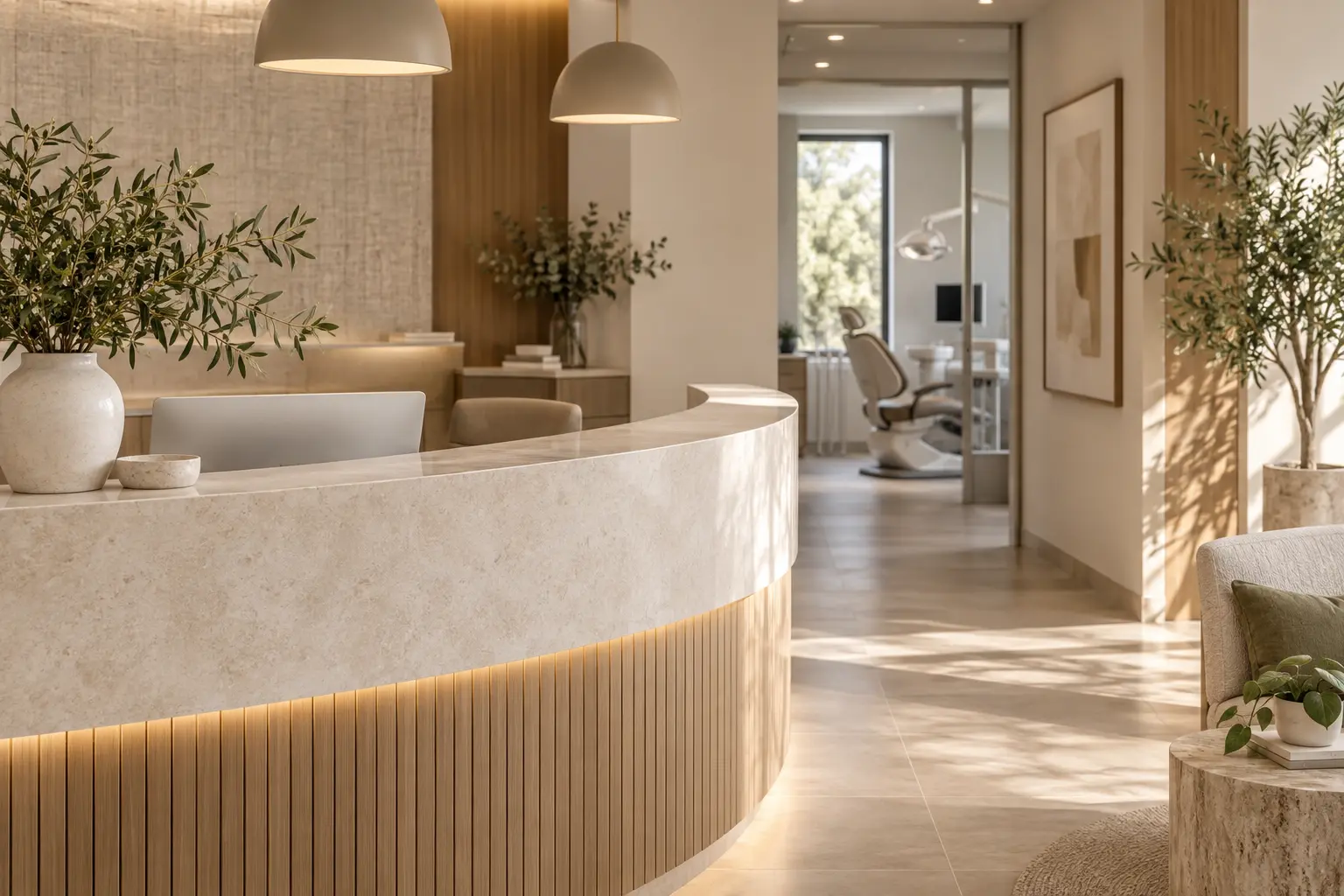 Welcoming dental reception area with warm natural light